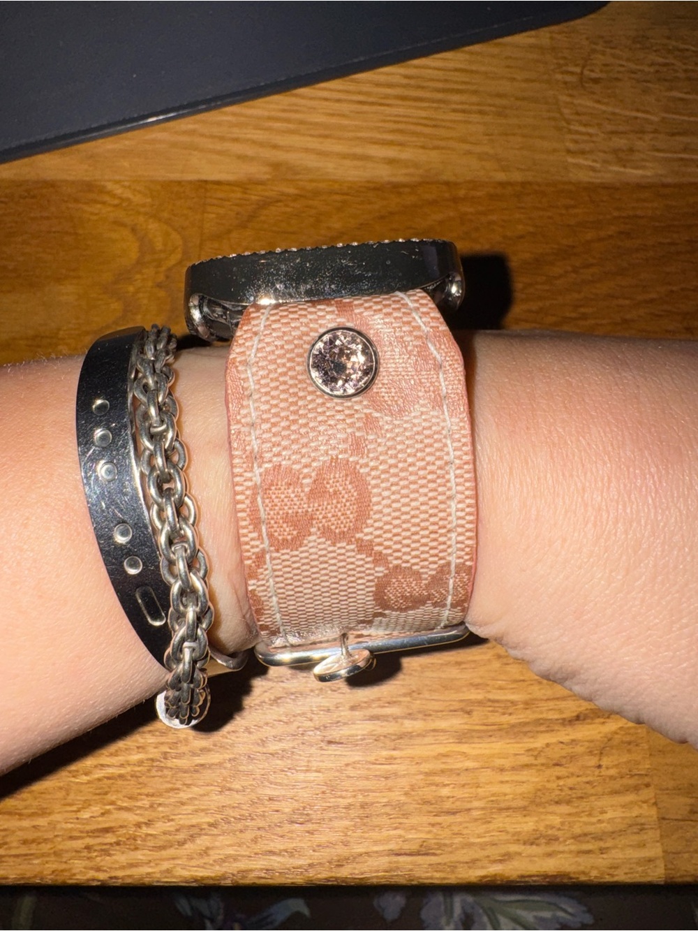 Gucci Beige/Pink Monogram Watch Band with Crystal Snap